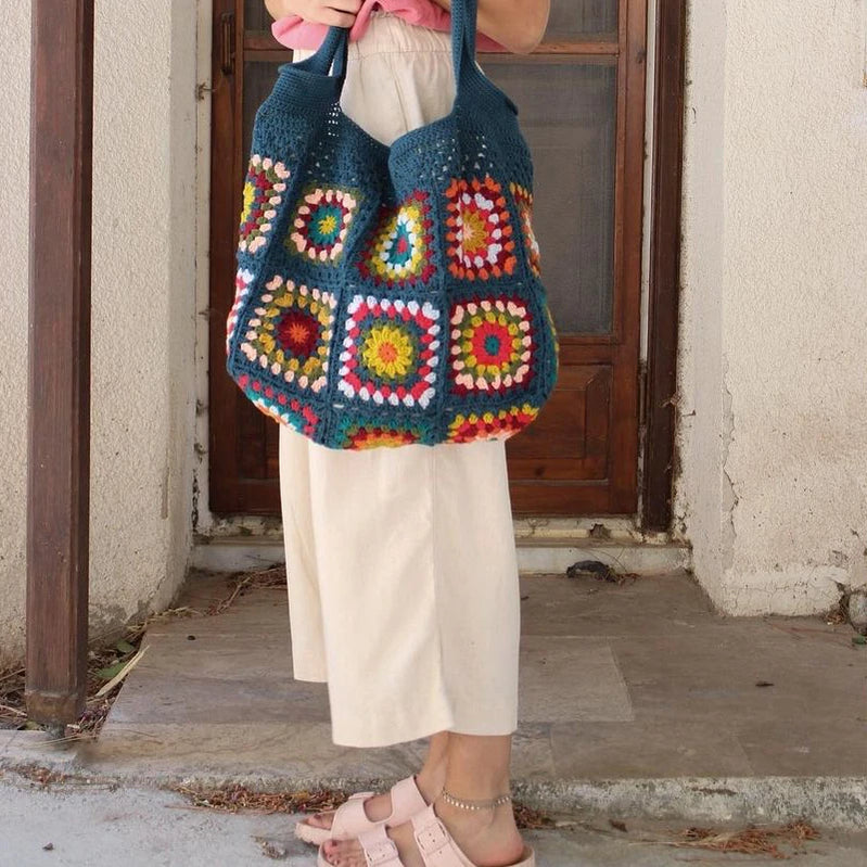 Navy Granny Square Crochet Bag Hippie Classic Handmade Crochet Colorful Boho Chic Shoulder Tote Bags For Winter