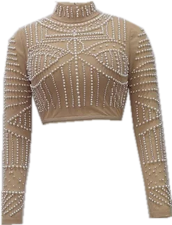 Conjunto de duas peças com pérolas pretas e miçangas, conjunto de bandagem de rayon, roupa de festa de clube