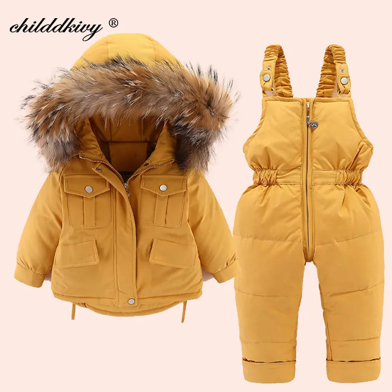 2pcs Set Children Winter Down Jacket and Jumpsuit for Baby Thicken Jacket for Girls Coat Warm Real Fur Collar Boys Snowsuit 0-4Y yellow
