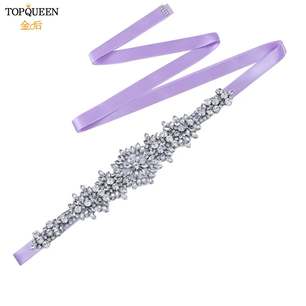 TOPQUEEN S319 Rhinestones Wedding Belt Sparkly Bride Dress Decorative Sash with Stone Jeweled Satin Ribbons Silver Gown Applique Lavender ribbon