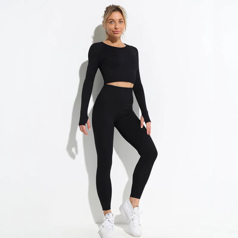 2pcs seamless hyperflex workout sport outfits for women sportswear athletic clothes gym Long Sleeve Crop Top High Waist Leggings Shirts Pants Black