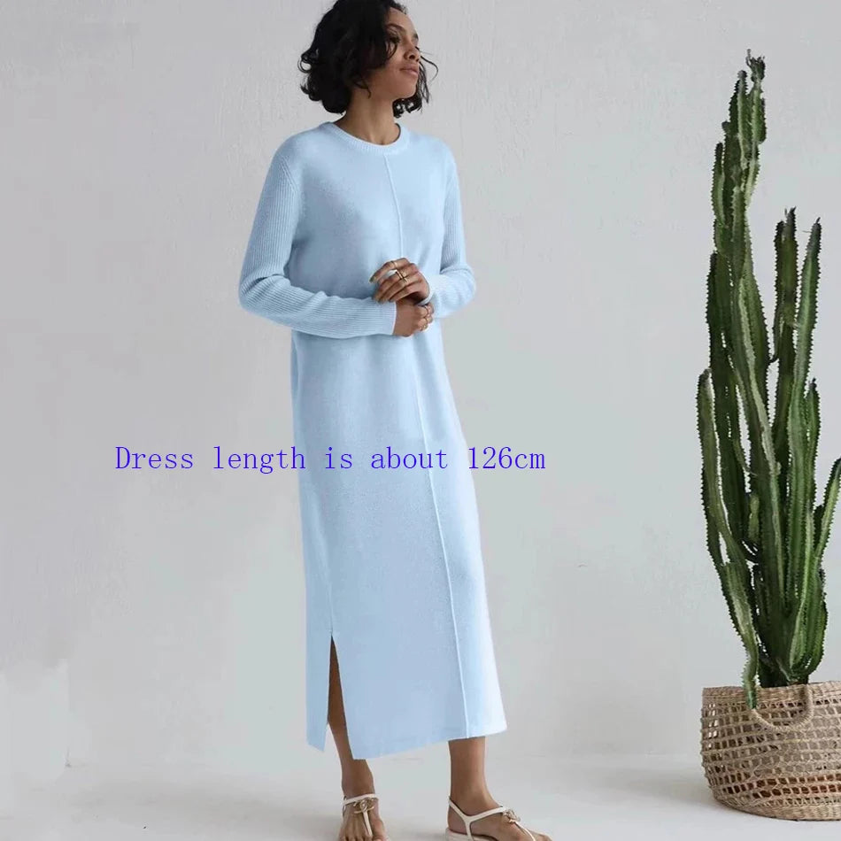 2024 Casual Midi Knit Dress Women's O-neck Long Sleeve Split Straight Dresses 2023 New Autumn Pure Color Knit Vestidos