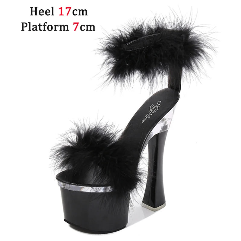 4 Color Feather Thick High Heels Platform Sandals Women 14cm 17cm Heels Shoes Female Summer Hair Wedding Pumps Shoes Black 17cm