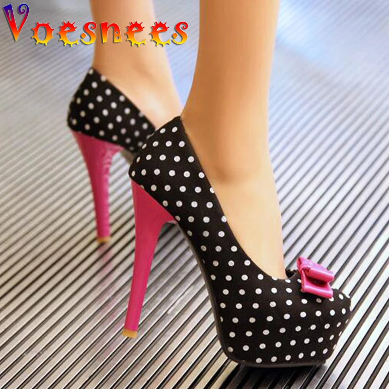 2021 Spring Autumn Women's Pumps Sweet Bow Polka Dot High-Heeled Single Shoes Round Toe Thin Heels Plus Size Women Shoes
