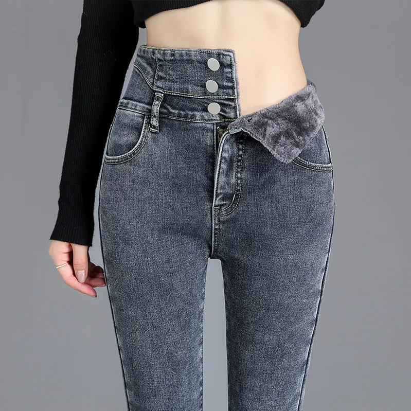 Thermal Winter Thick Fleece High-waist Warm Skinny Jeans Thick Women Stretch Button Pencil Pants Mom Casual Velvet Jeans Blue gray