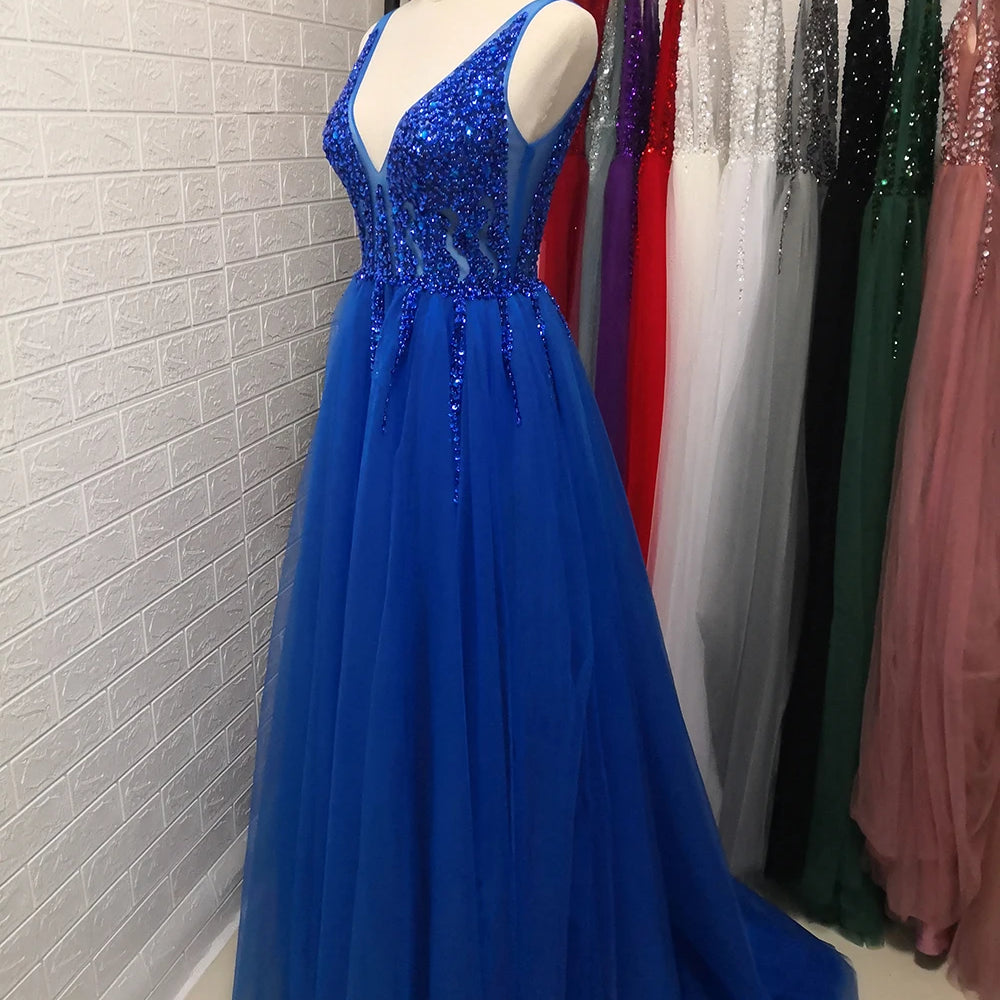 Sexy V-Neck Long Prom Dresses Beaded Beading Crystal High Splits Backless A-Line Formal Gown Party Dress