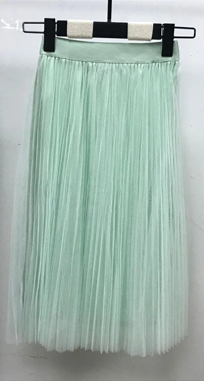 Women's Tulle Plain Pleated Skirt 2019 New Fashion Black Beige White Pink Grey Mesh Midi Skirt High Waist Woman Skirts 3 Layers green One Size
