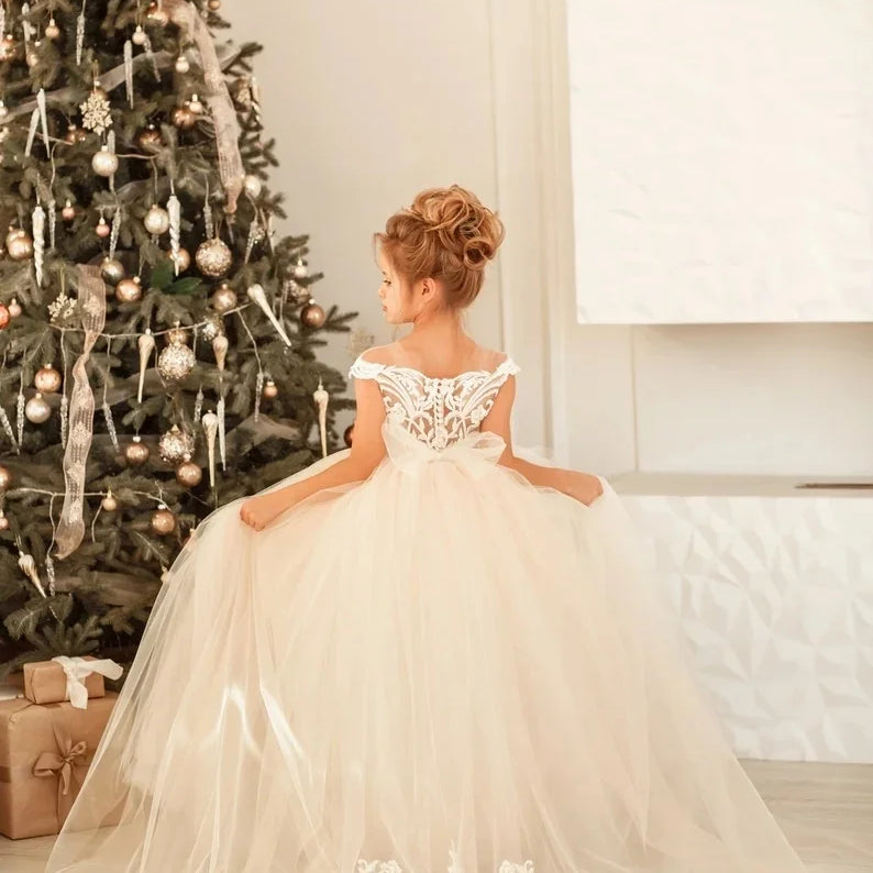 2-14 Years Lace Tulle Flower Girls Dress Princess for Kid Child Wedding Party Junior bridesmaid Maxi Ball Gown Evening Ivory MC2227