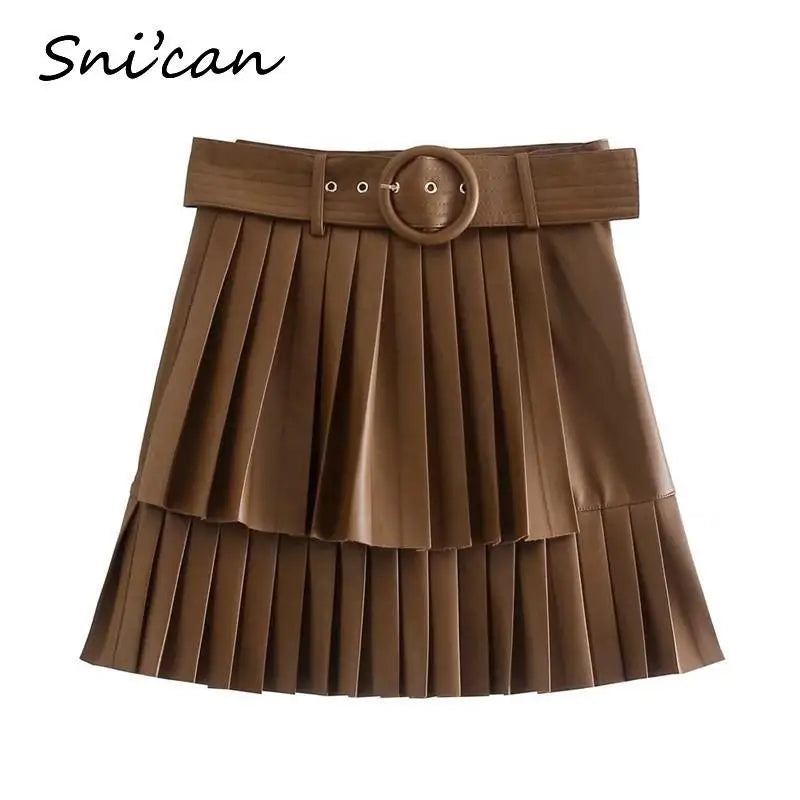 Bown Pu Leather Skirt With Belt Fashion Autumn Sprint Cascading Pleated High Waist Jupe Cuir Femme Women Falda Plisada