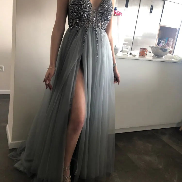 Beading Prom Dresses Long V Neck Light Gray High Split Tulle Sweep Train Sleeveless Evening Gown A-Line Backless Vestido De dark gray