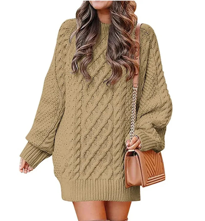 13 Colors Women Crewneck Long Sleeve Oversized Tops Cable Knit Chunky Pullove Thick Autumn and Winter Sweater Dresses Khaki