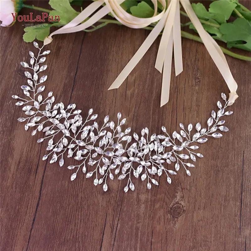 YouLaPan Fast Shipping Wedding Dress Belt Bridal's Belt Rhinestone Belt Wedding Bridal Sash Belt Silver Crystal Belt SH237 Champagne ribbon