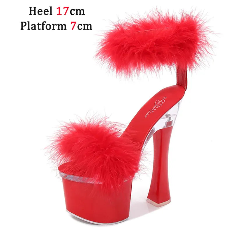 4 Color Feather Thick High Heels Platform Sandals Women 14cm 17cm Heels Shoes Female Summer Hair Wedding Pumps Shoes Red 17cm