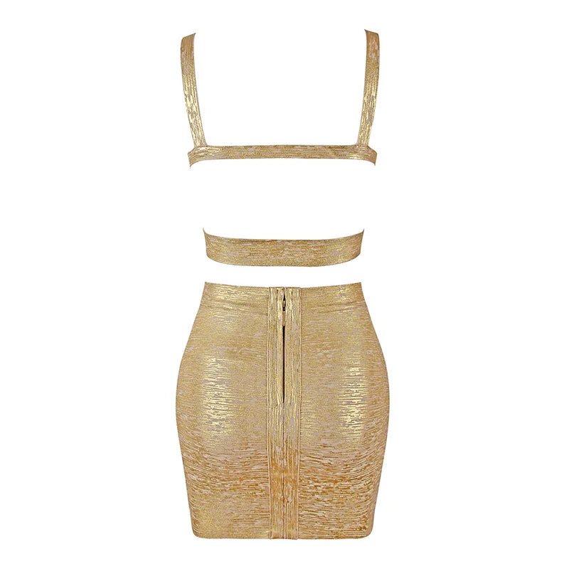 Conjunto de 2 peças de bandagem de rayon com estampa de folha metálica azul e dourado, conjunto de vestidos para festa à noite