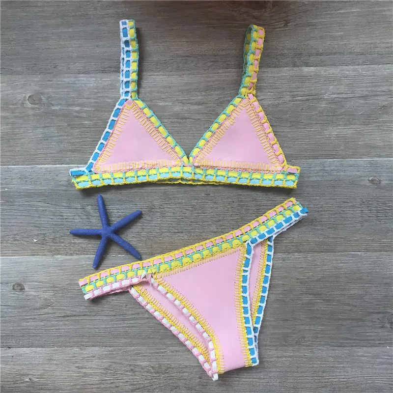 Sexy Bikinis Summer Women Swimsuit Hand Crocheted Bikini Set Swimwear Beach Bathing Suit Biquini Female Monokini orange pink