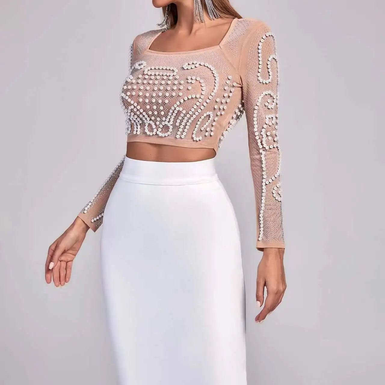 Top Quality Celebrity Black White Two Pieces Set Pearl Beading Hollow Out Rayon Bandage Dress Party Fashion Dress Vestidos