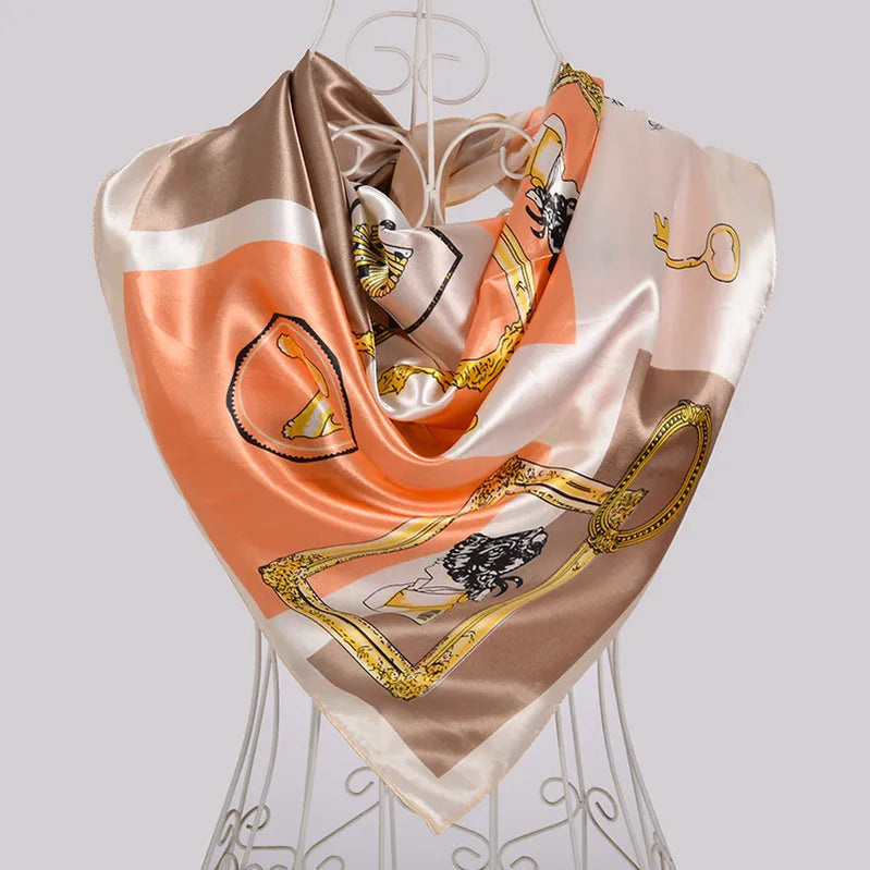 Ladies Green Coffee Square Scarves Printed Women Elegant Satin Large Silk Scarf Shawl 90*90cm Winter Neck Head Scarf orange khaki