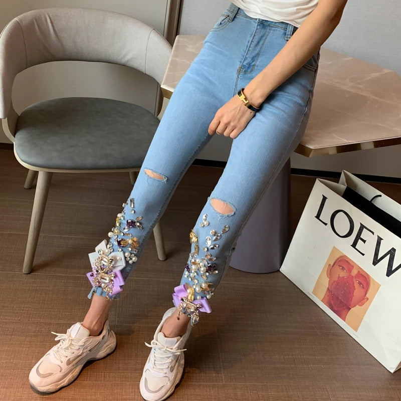 Embroidered Flares Women's Diamond Denim Jeans Women Bling Hole Fashion Beaded Skinny Slim Fit Stretch Pencil Pants