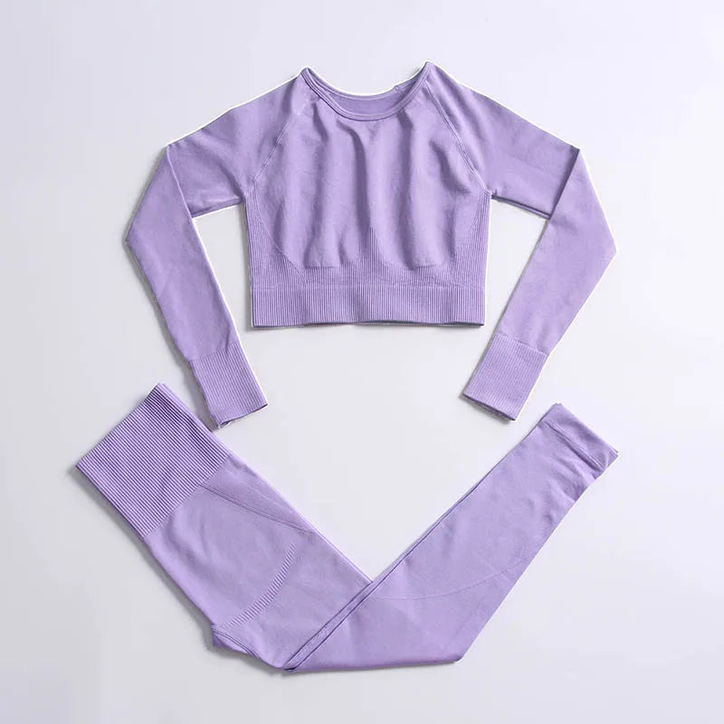 2pcs seamless hyperflex workout sport outfits for women sportswear athletic clothes gym Long Sleeve Crop Top High Waist Leggings Shirts Pants Purple