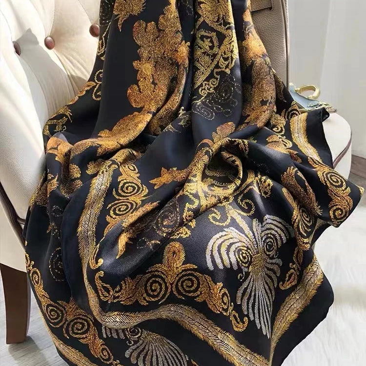 Coffee Gold 100% Mulberry Silk Women's Scarf Bandana Fashion Plaisley Style Square Scarves Hijabs Winter Brand Headscarf Foulard black gold