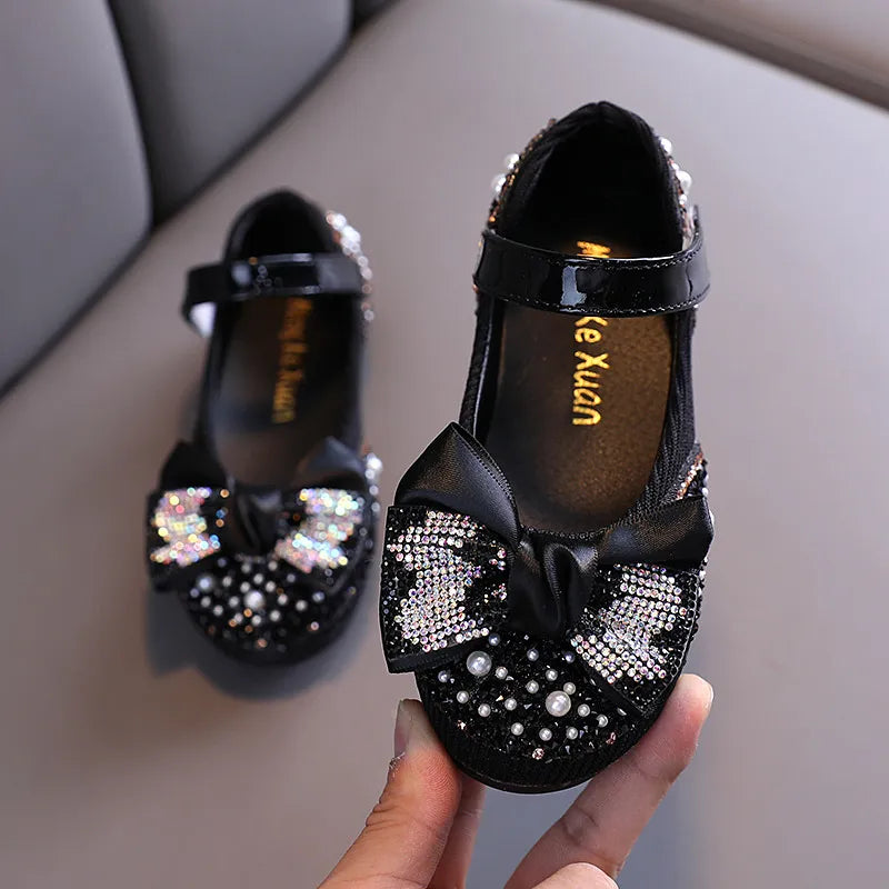 Children Leather Shoes Rhinestone Bow Princess Girls Party Dance Shoes Baby Student Flats Kids Performance Shoes 2088black