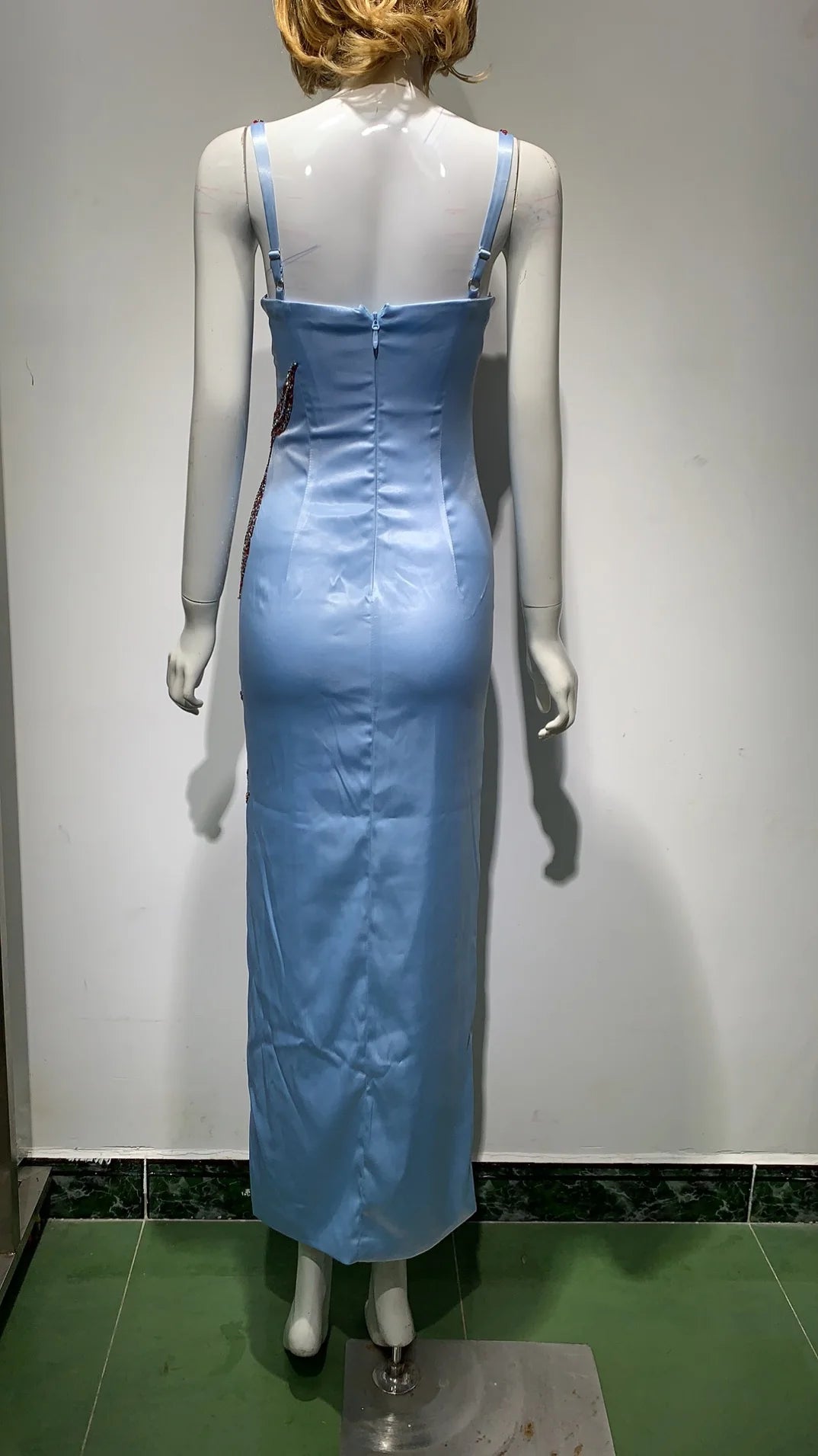 Vestido de festa de celebridade com lantejoulas azuis, estrela, slim, sexy, alças finas, babados, boate, designer