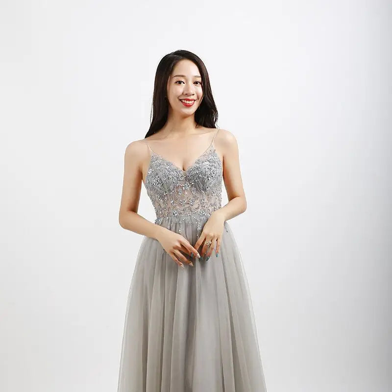 Beaded Crystal Prom Dresses Long Sexy See Through A-Line Split Tulle V Neck Spaghetti Strap Evening Formal Gown