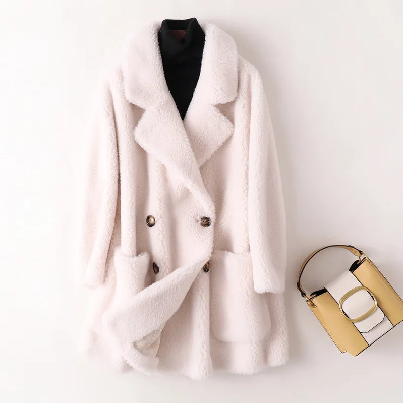 Real Fur Coat High Quality Australian Womens Natural Wool Coats Thick Warm Elegant Loose Large Size Long Outwear For Women Off-White