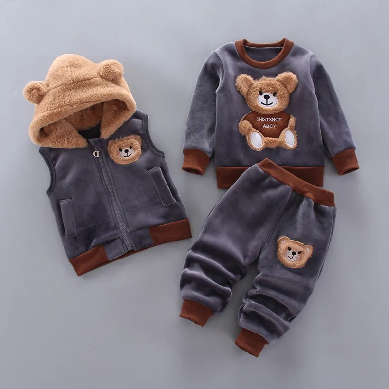 Baby Boys And Girls Clothing Set Tricken Fleece Children Hooded Outerwear Tops Pants 3PCS Outfits Kids Toddler Warm Costume Suit Gray 1