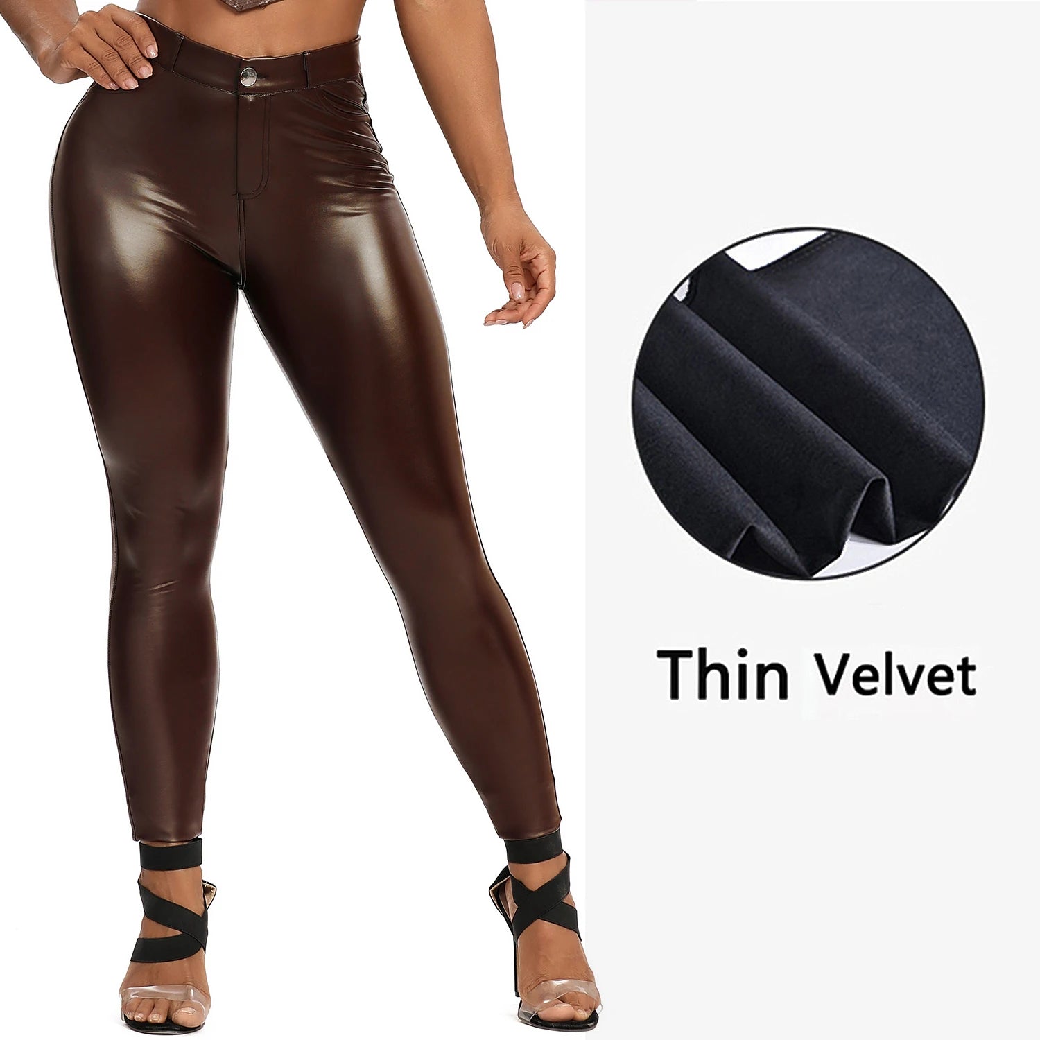 Women PU Leather Leggings Black Pockets Leather Pencil Pants High Waist Sexy Skinny Stretch Leggings Thin Velvet Leather Trouser