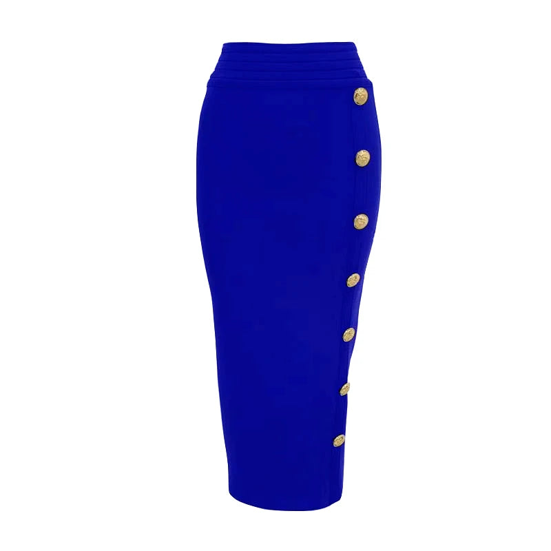 Arrival Women Button Black Blue Red Bodycon Bandage Skirt Designer High Waist High Street Party Club Pencil Skirt 75cm Blue