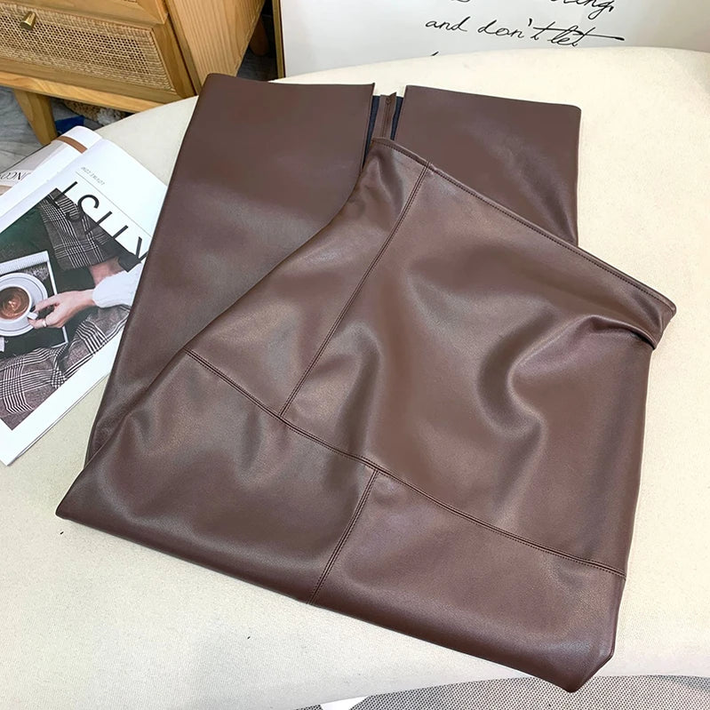 Vintage Faux PU Leather Hobble Skirts Women Sexy Bodycon Midi Skirts Hem Split Ladies Mermaid Skirt Party Clothes