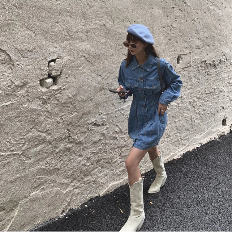 Autumn Denim Dress For Women Long Sleeve Button Up Blue Korean Fashion Collared Mini Jean Dress Clothing
