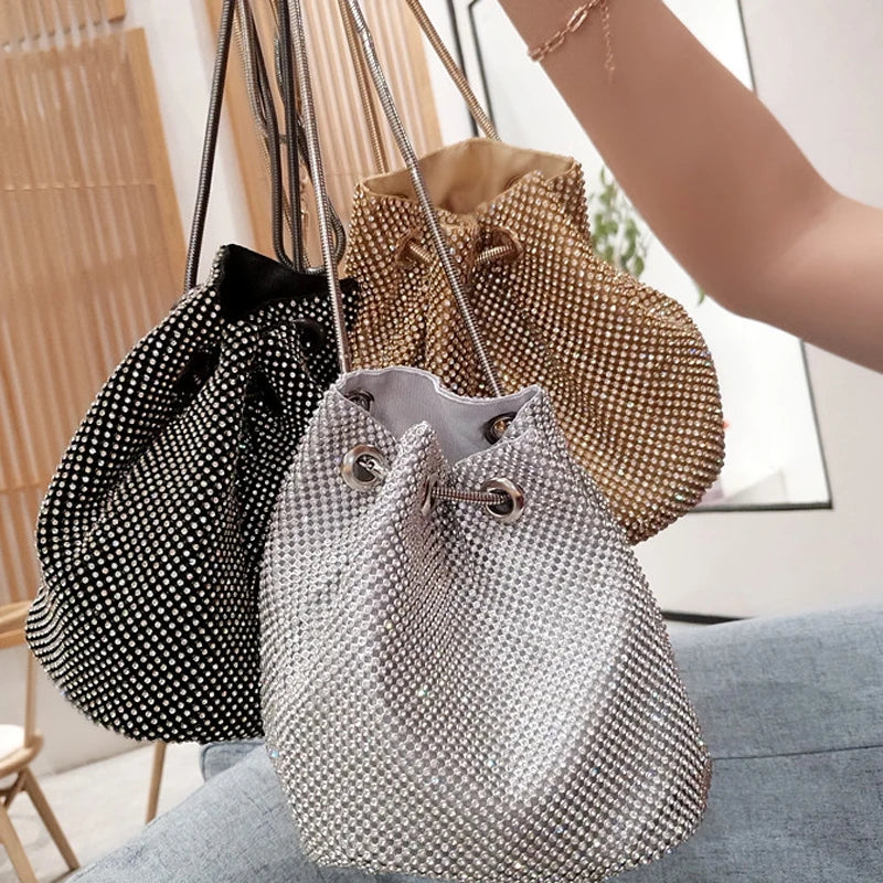 Bucket Women Fashion Evening Bags Diamonds Rainbow Soft Day Clutch Shoulder Snake Chain Rhinestones Party Handbags Wedding Purse