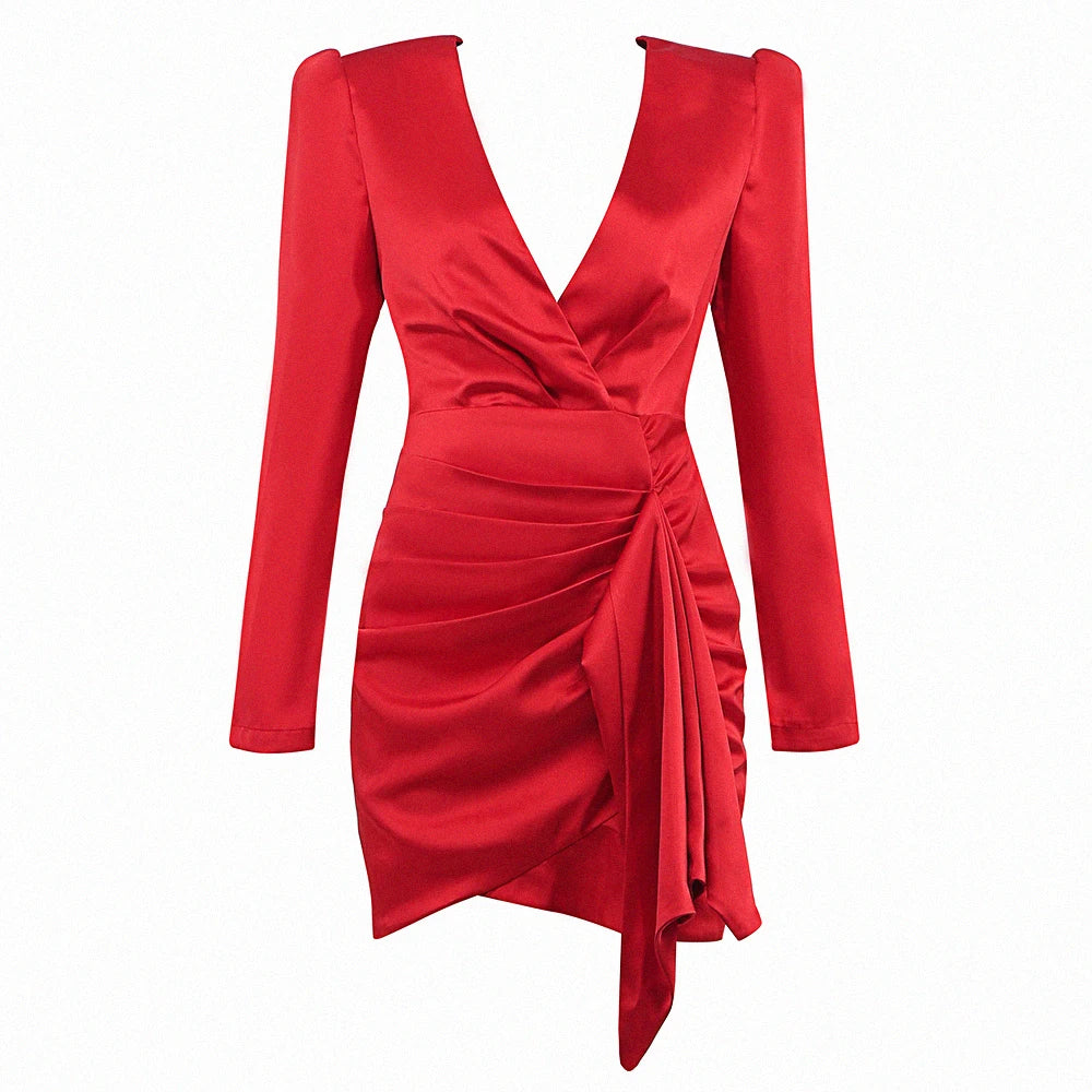 Sexy Red Satin Dress 2025 New Women's Deep V Neck Puff Sleeve Bodycon Draped Dress Club Night Party Mini Vestidos