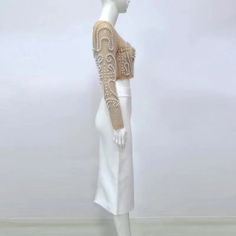 Women Autumn Sexy Diamonds Beading Mesh Crystal Long Sleeve Two Pieces Rayon Bandage Sets Ladies White Designer High Street Sets