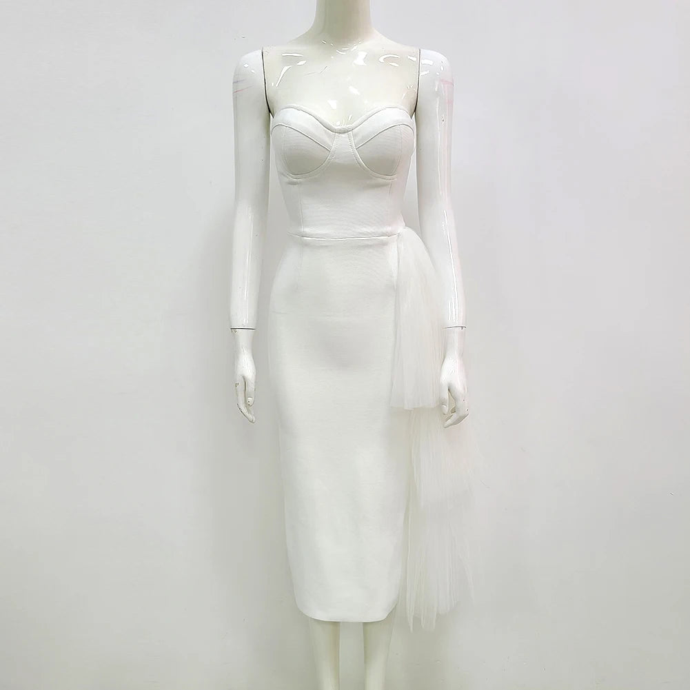 New Skyblue Women Rayon Bandage Off the Shoulder Sexy Bodycon Mid-calf Dress Celebrate Fashion Birthday Party Outfit Vestido