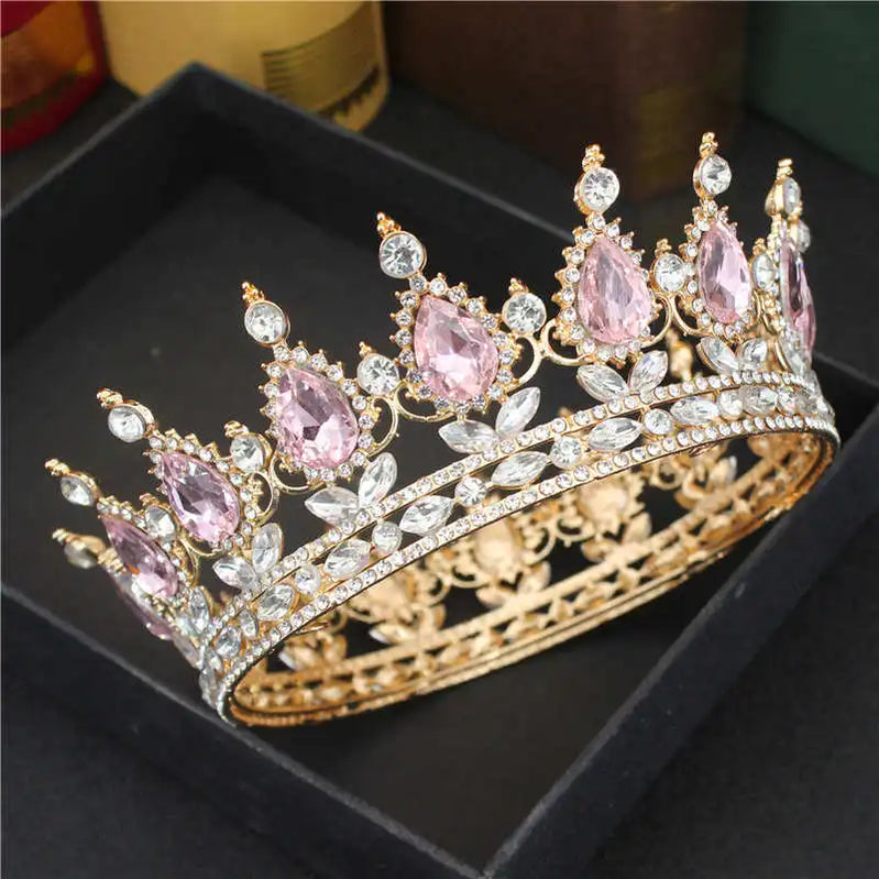 Crystal Queen King Tiaras and Crowns Bridal Diadem For Bride Women Headpiece Hair Ornaments Wedding Head Jewelry Accessories Gold Pink