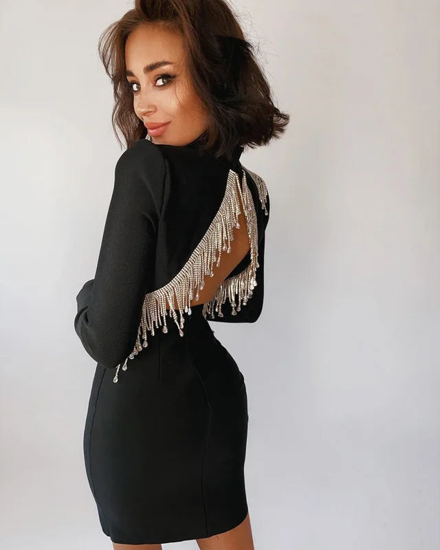 Red Black Sexy Fashion Sparkly Backless Diamonds Tassel Rayon Bandage Dress Cocktail Party Dress Vestidos
