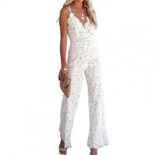 Solid Lace Jumpsuits Women Sleeveless Romper High Waist V-Neck Wide Leg Playsuits and Jumpsuit Women bodysuit Combinaison femme WHITE
