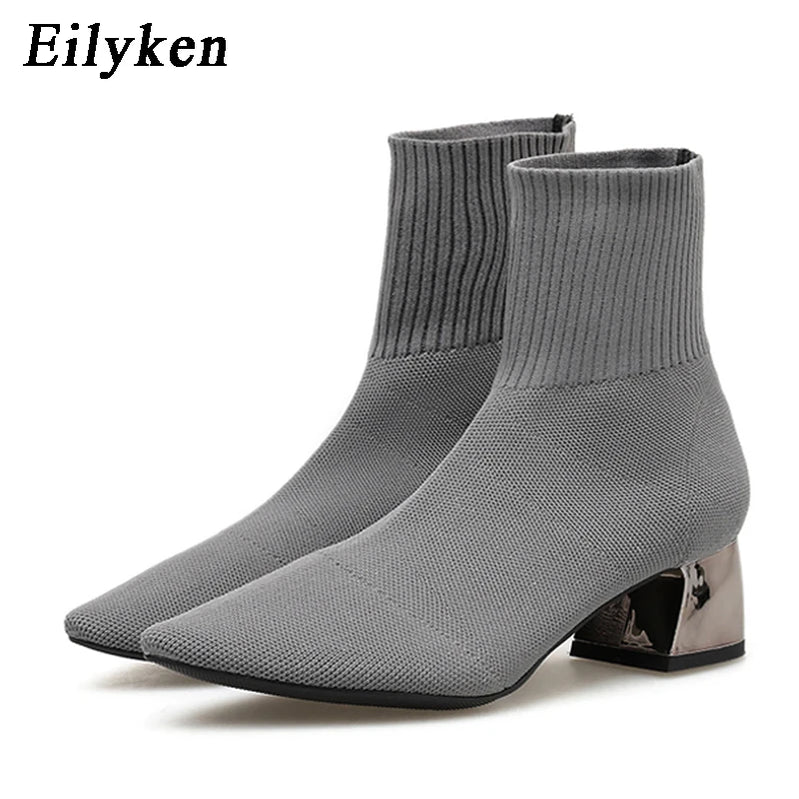 Fashion Knitted Stretch Fabric Sewing Women Ankle Boots Square Heels Winter Pointed Toe Ladies Sock Booties Grey