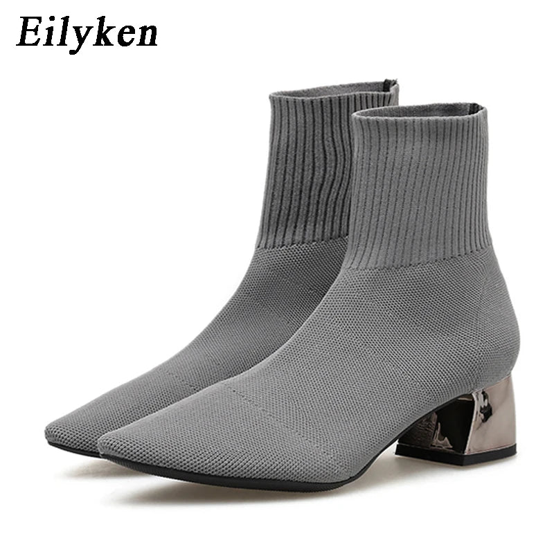Fashion Knitted Stretch Fabric Sewing Women Ankle Boots Square Heels Winter Pointed Toe Ladies Sock Booties Grey
