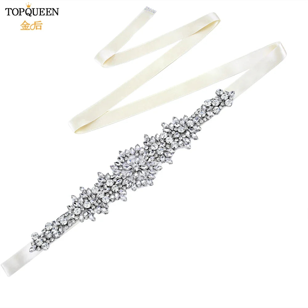 TOPQUEEN S319 Rhinestones Wedding Belt Sparkly Bride Dress Decorative Sash with Stone Jeweled Satin Ribbons Silver Gown Applique Ivory ribbon