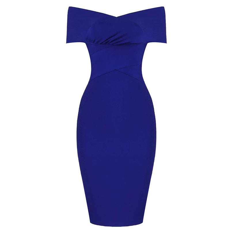 Summer Women Bodycon Sexy Off The Shoulder Rayon Bandage Dress Club Dress Midi Celebrity Party Dress