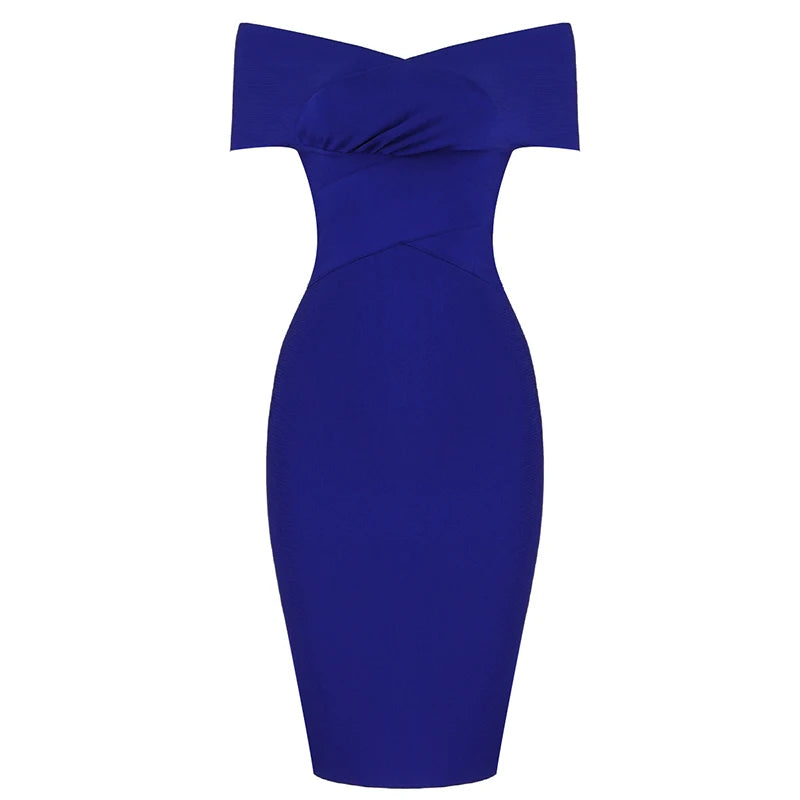 Summer Women Bodycon Sexy Off The Shoulder Rayon Bandage Dress Club Dress Midi Celebrity Party Dress