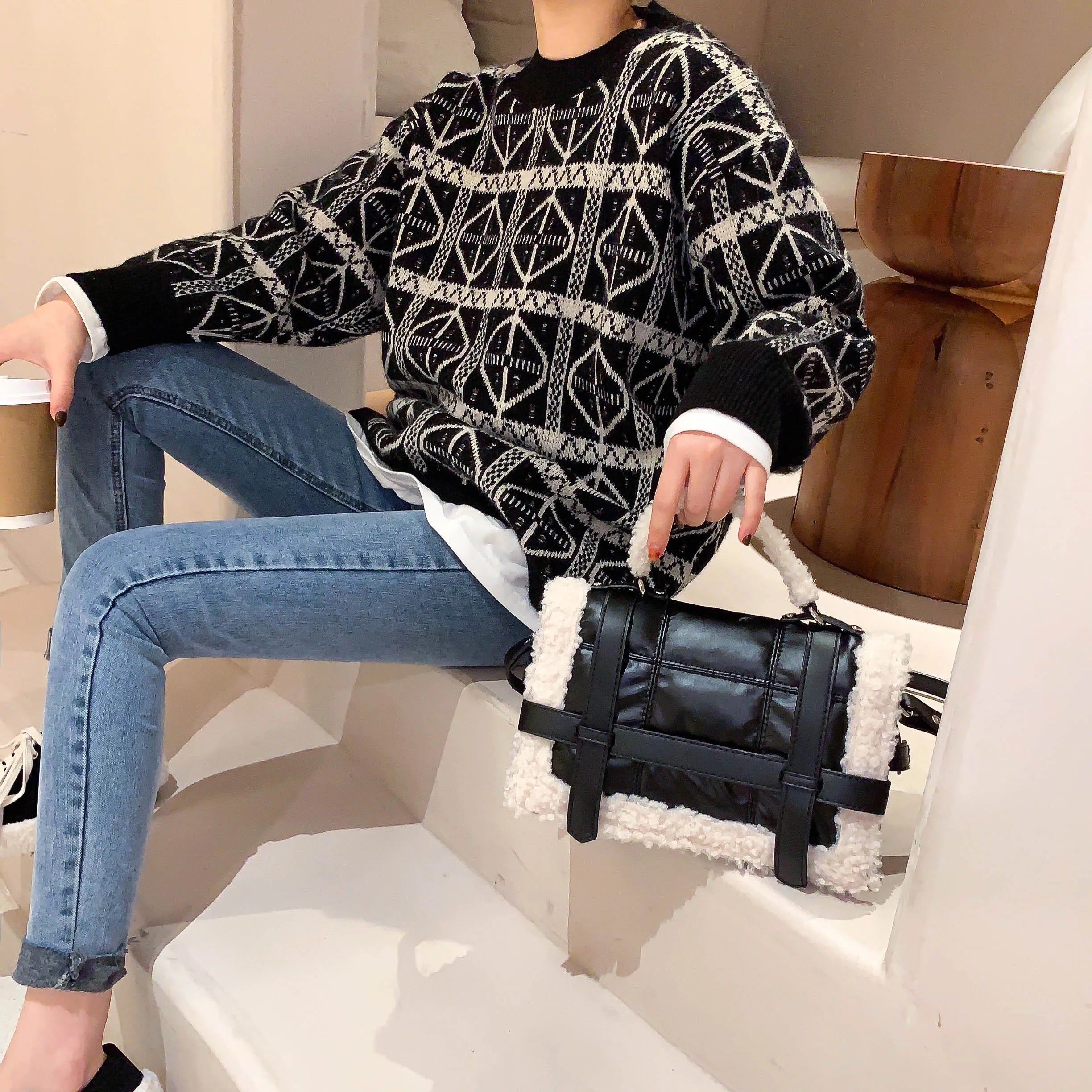 fashion lambswool quilted women handbags design brand shoulder bags luxury pu leather space padded crossbody messenger bag