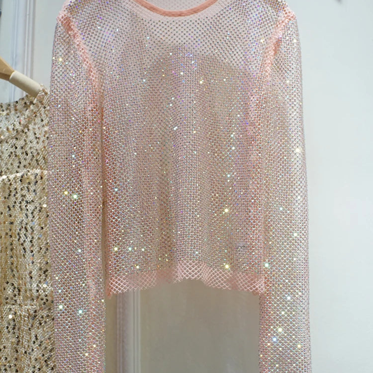 New Ladies Temperament Rhinestone Round Neck Long Sleeve Bright Summer Starlight Hollow Shiny Bottoming Shirt Women's Top Trend Pink One Size