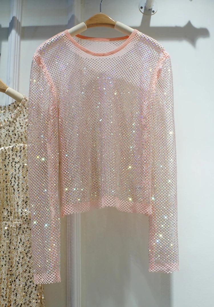New Ladies Temperament Rhinestone Round Neck Long Sleeve Bright Summer Starlight Hollow Shiny Bottoming Shirt Women's Top Trend Pink One Size