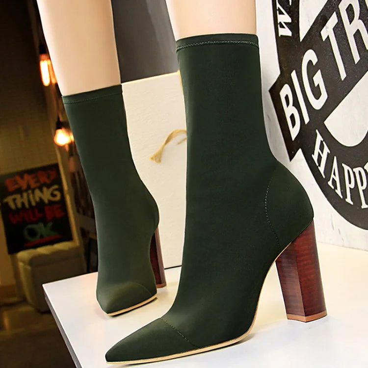 Mid-calf Boots Sexy Sock Boots Stretch High Heels Boots Fetish Women Shoes Autumn Winter Boots Stiletto Women Pumps 41 BE3129-3-green