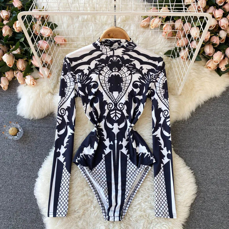 Design Autumn New Print Rompers Women Stand Collar Long Sleeve Slim Jumpsuits Chic Fashion Sexy Bodycon Short Bodysuit black One Size